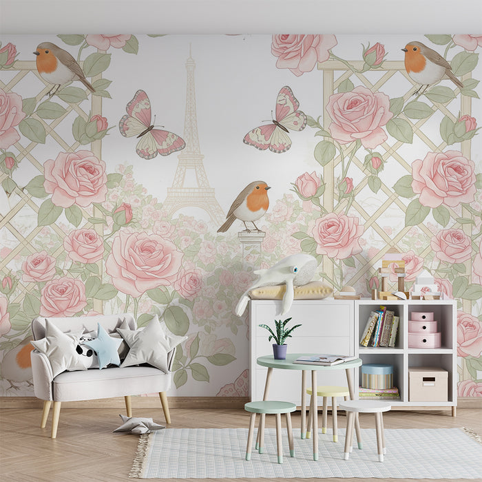Baby room wallpaper | Delicate roses and singing birds with the Eiffel Tower in the background