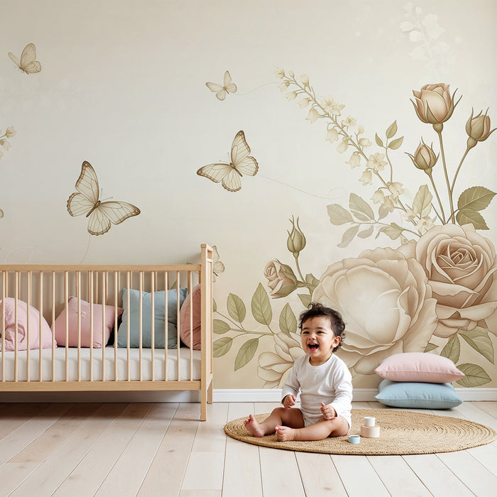 Papel pintado para habitación infantil | Rosas delicadas y mariposas en tonos suaves