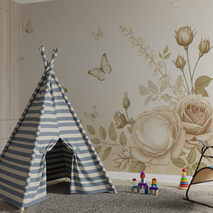 Papel pintado para habitación infantil | Rosas delicadas y mariposas en tonos suaves