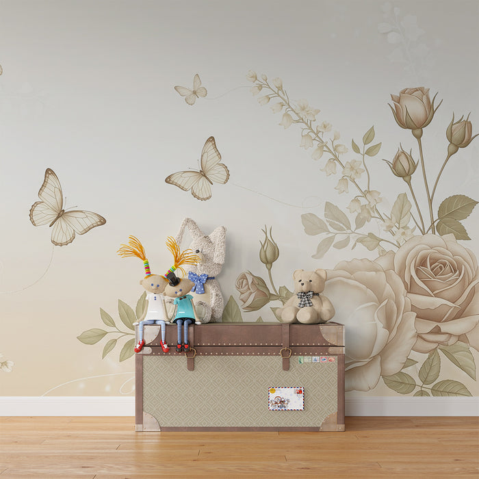 Papel pintado para habitación infantil | Rosas delicadas y mariposas en tonos suaves