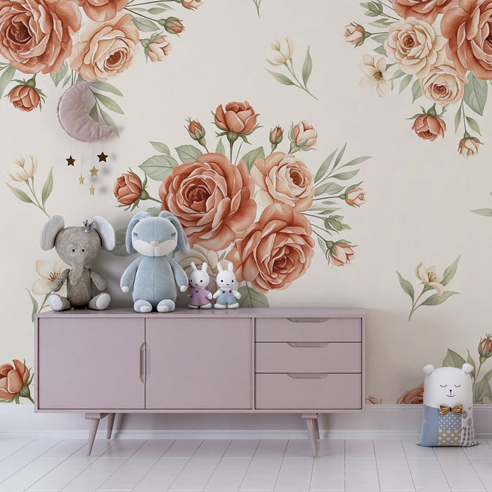 Papel de parede quarto bebê | Rosas delicadas em fundo suave