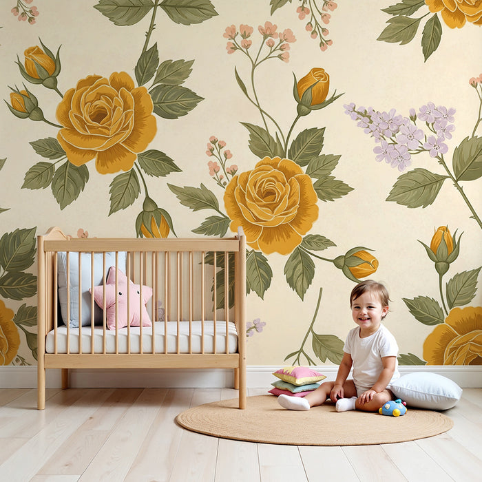 Papier peint chambre bébé | Roses dorées et fleurs délicates sur fond crème