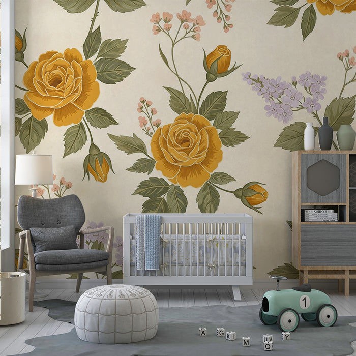 Papier peint chambre bébé | Roses dorées et fleurs délicates sur fond crème