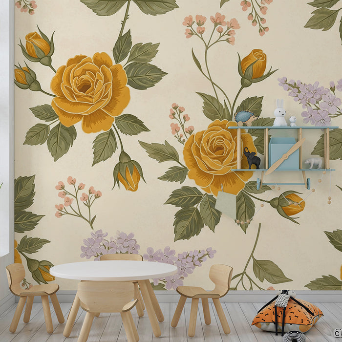 Papier peint chambre bébé | Roses dorées et fleurs délicates sur fond crème