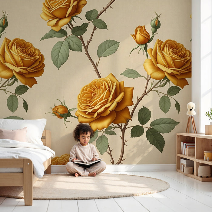Papier peint chambre bébé | Roses dorées sur fond crème pour une ambiance douce