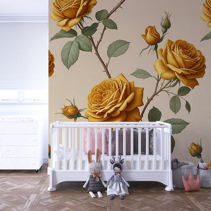 Papier peint chambre bébé | Roses dorées sur fond crème pour une ambiance douce