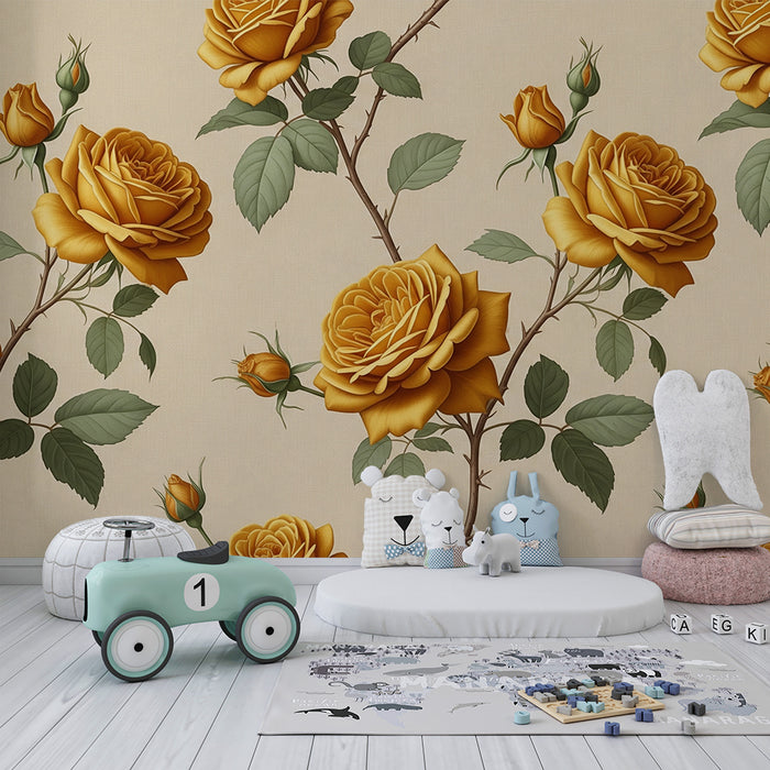 Papier peint chambre bébé | Roses dorées sur fond crème pour une ambiance douce