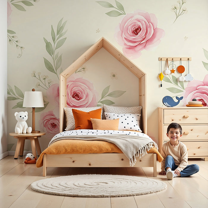 Papier peint chambre bébé | Roses et fond vert pastel