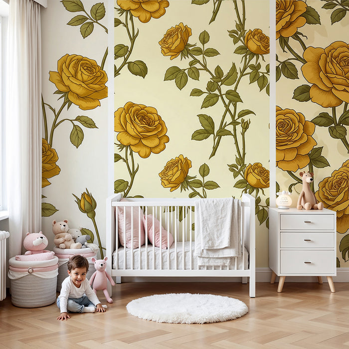 Papier peint chambre bébé | Roses jaunes délicates sur fond doux