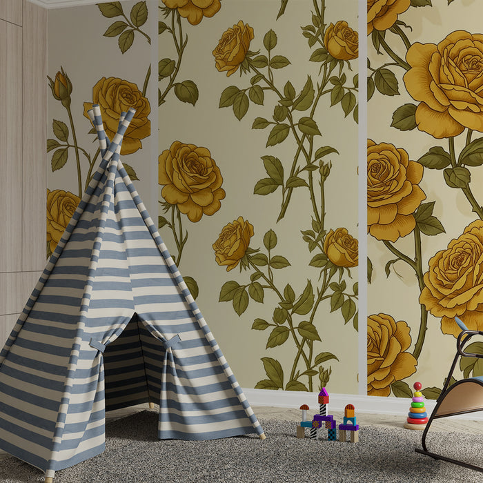 Papier peint chambre bébé | Roses jaunes délicates sur fond doux