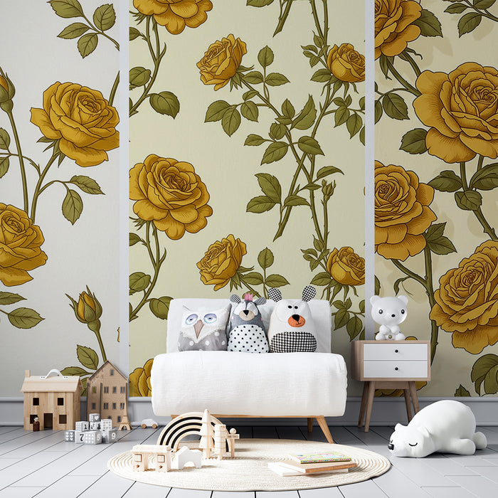 Papier peint chambre bébé | Roses jaunes délicates sur fond doux