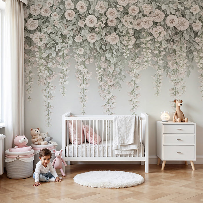 Papel de parede quarto bebê | Κρεμαστά τριαντάφυλλα και φύλλα σε απαλούς τόνους