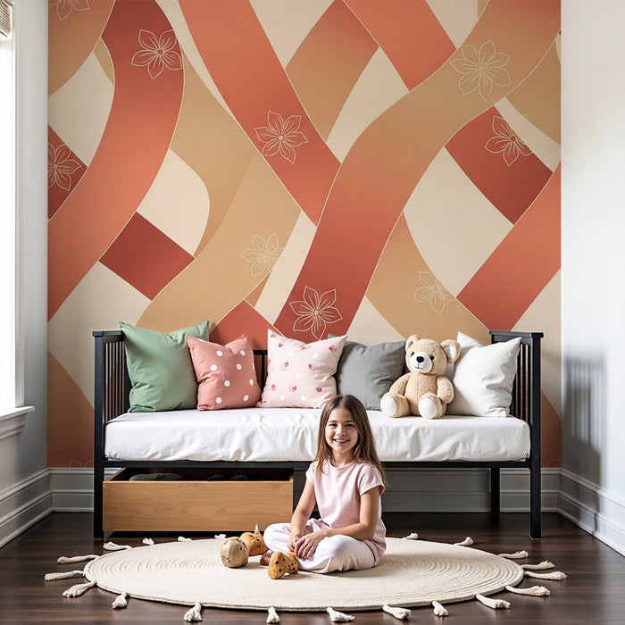 Papier peint chambre bébé | Rubans colorés et fleurs délicates sur fond doux