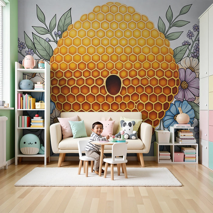 Papier peint chambre bébé | Ruche dorée entourée de fleurs délicates