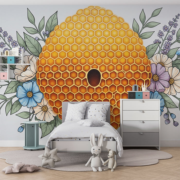 Papier peint chambre bébé | Ruche dorée entourée de fleurs délicates