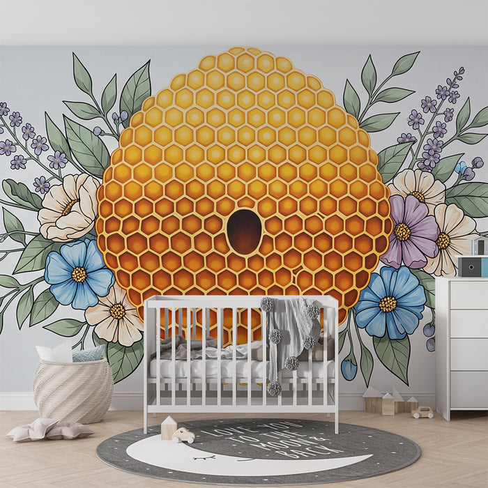 Papier peint chambre bébé | Ruche dorée entourée de fleurs délicates