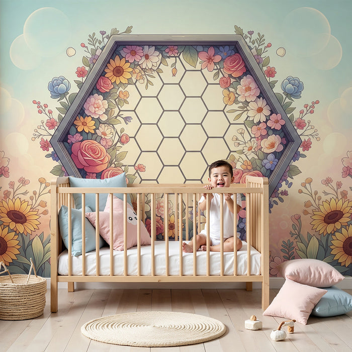 Nursery wallpaper | Colorful floral hive with delicate patterns
