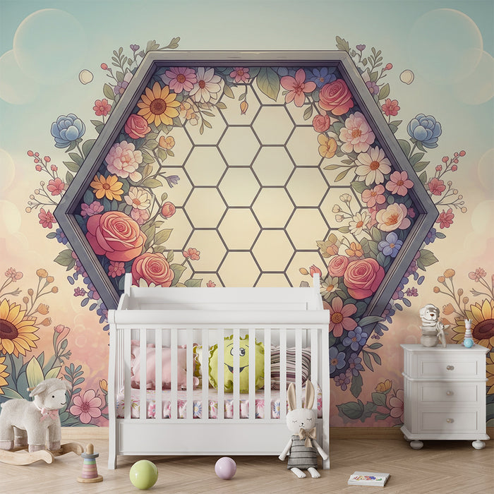 Nursery wallpaper | Colorful floral hive with delicate patterns