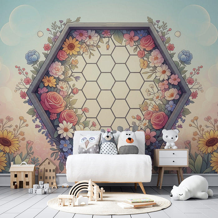 Nursery wallpaper | Colorful floral hive with delicate patterns