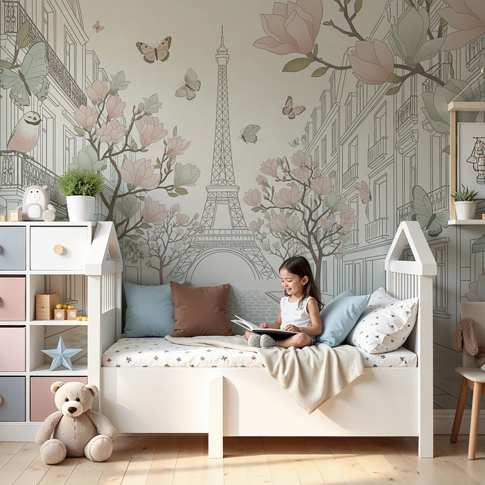 Papel de parede para quarto de bebé | Rua parisiense com flores, pássaros e a Torre Eiffel