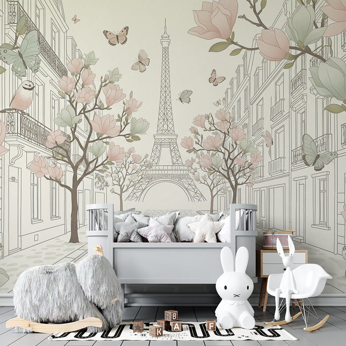 Papel de parede para quarto de bebé | Rua parisiense com flores, pássaros e a Torre Eiffel