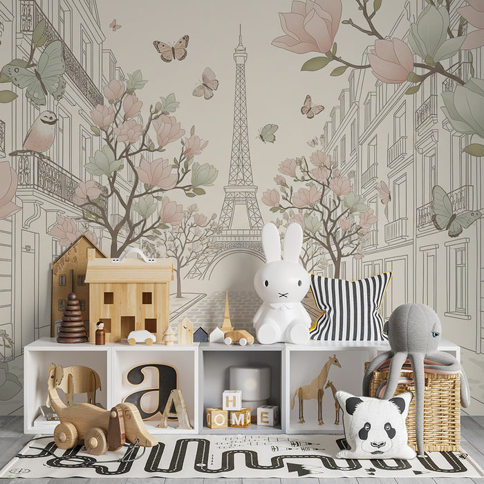 Papel de parede para quarto de bebé | Rua parisiense com flores, pássaros e a Torre Eiffel