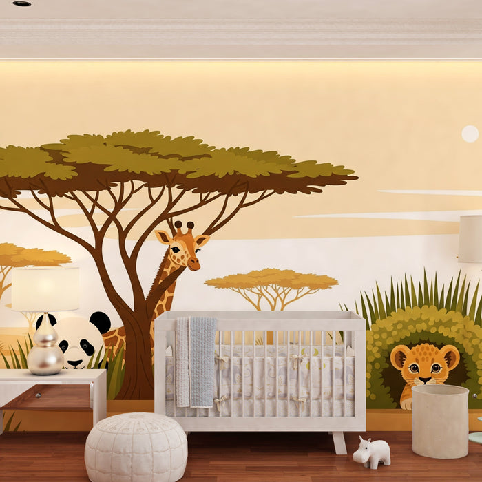 Papier peint chambre bébé | Safari coloré avec animaux adorables