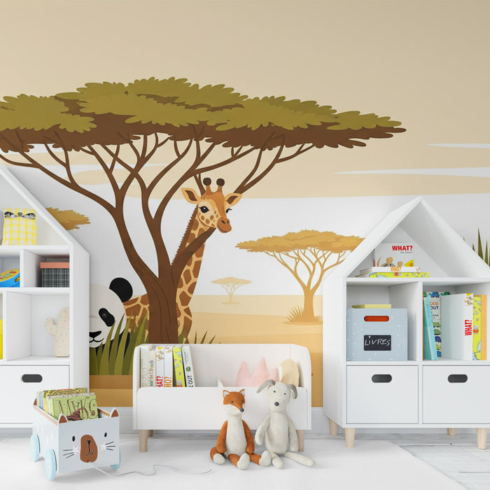 Papier peint chambre bébé | Safari coloré avec animaux adorables