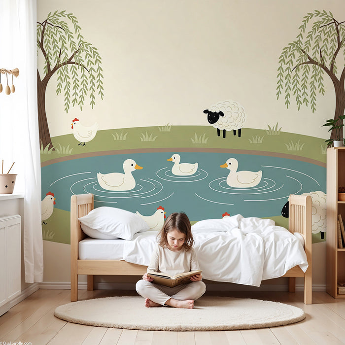 Papier peint chambre bébé | Scène bucolique avec canards, moutons et poules