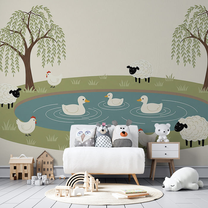 Papier peint chambre bébé | Scène bucolique avec canards, moutons et poules