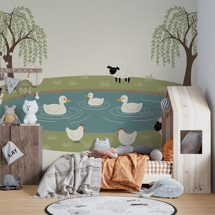 Papier peint chambre bébé | Scène bucolique avec canards, moutons et poules