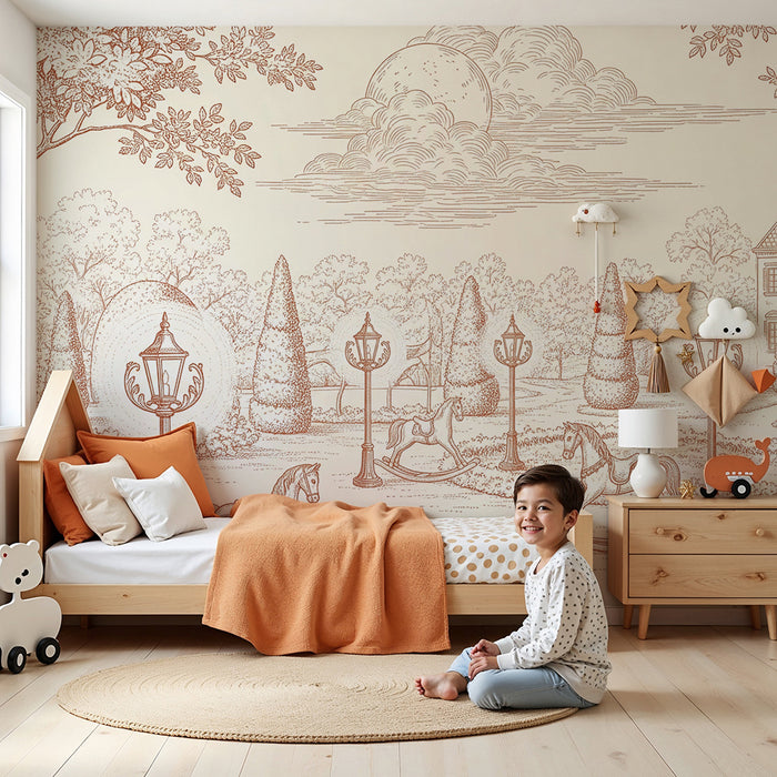 Baby room wallpaper | Bucolic scene with rocking horses and lampposts