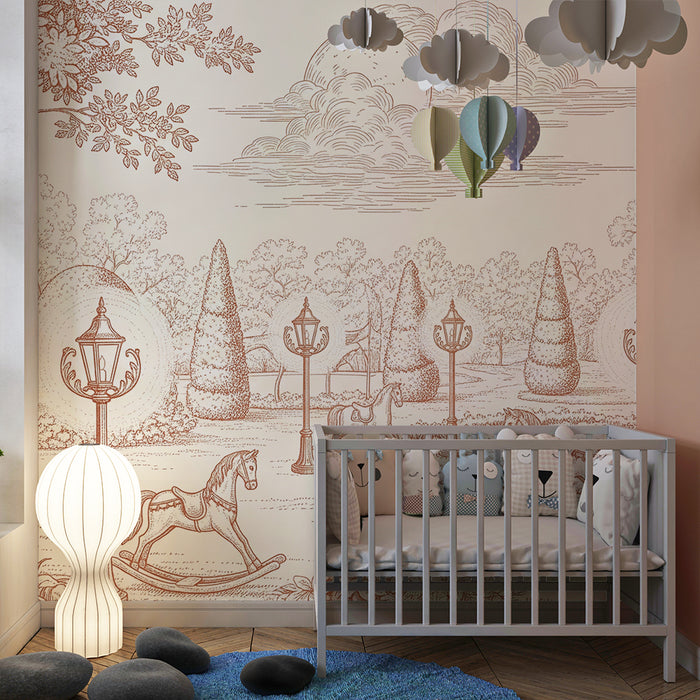 Baby room wallpaper | Bucolic scene with rocking horses and lampposts