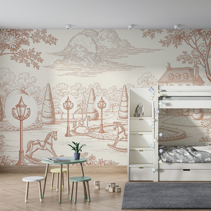Baby room wallpaper | Bucolic scene with rocking horses and lampposts