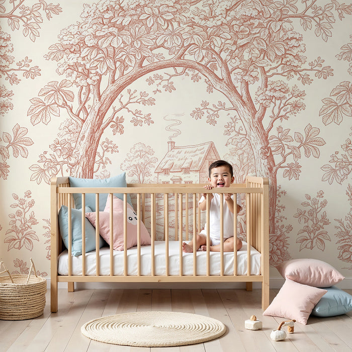 **Tapet till babys rum | Pastoralt motiv med hus och träd i toile de Jouy-stil**