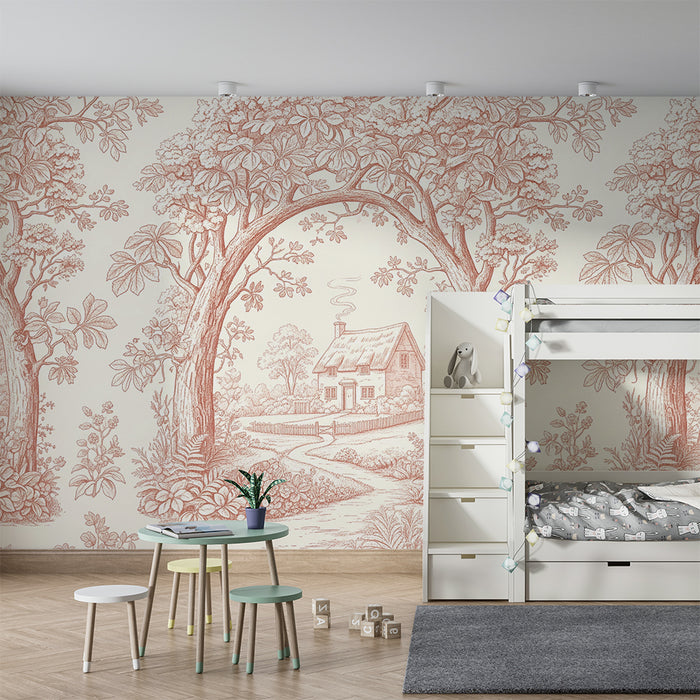 **Tapet till babys rum | Pastoralt motiv med hus och träd i toile de Jouy-stil**