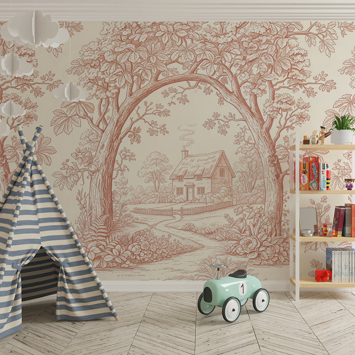 **Tapet till babys rum | Pastoralt motiv med hus och träd i toile de Jouy-stil**