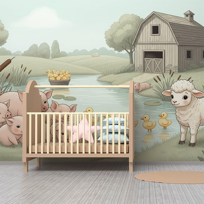 Tapeta do dětského pokoje | Farmářská scéna s prasátky, kachnami a jehňátkem