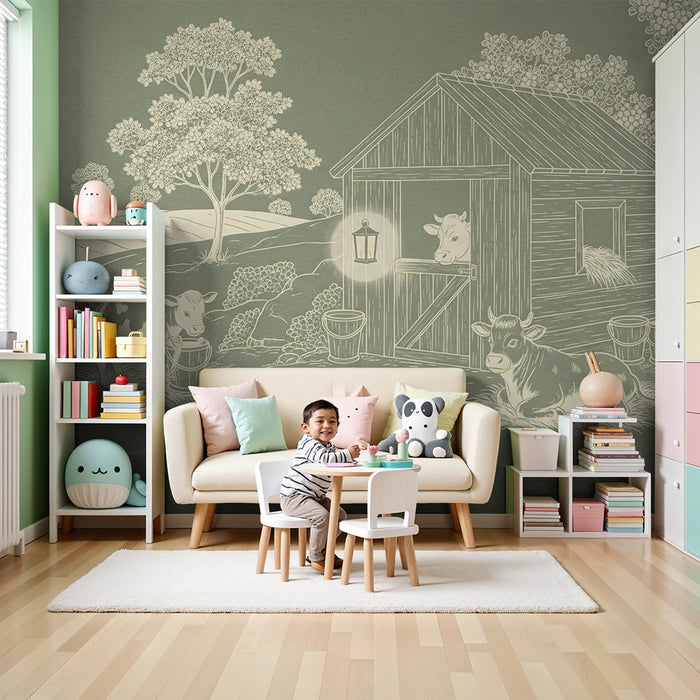 Papier peint chambre bébé | Scène de ferme avec vaches et paysage pastoral