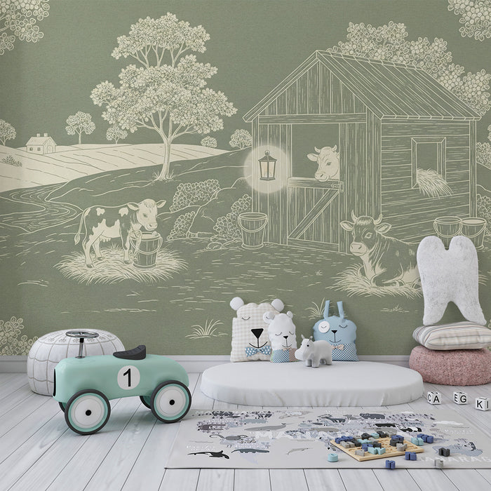 Papier peint chambre bébé | Scène de ferme avec vaches et paysage pastoral