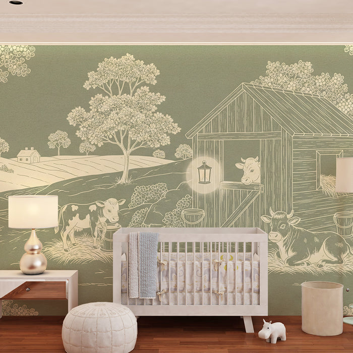 Papier peint chambre bébé | Scène de ferme avec vaches et paysage pastoral