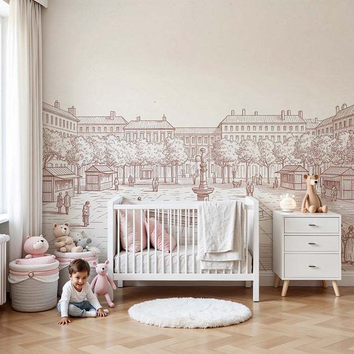 Tapet till babyrum | Vintage marknadsscen med fontän och träd