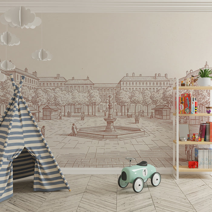 Tapet till babyrum | Vintage marknadsscen med fontän och träd