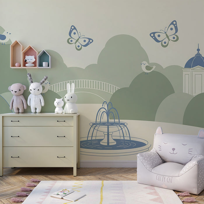 Behang voor de babykamer | Rustige parkscène met fontein en vogels
