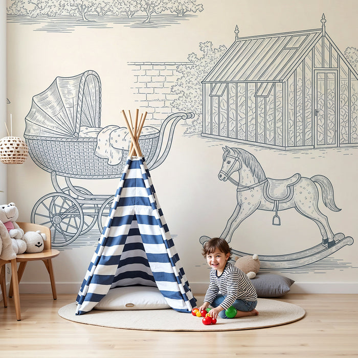Papel de parede para quarto de bebé | Cena nostálgica com carrinho, cavalo de baloiço e estufa
