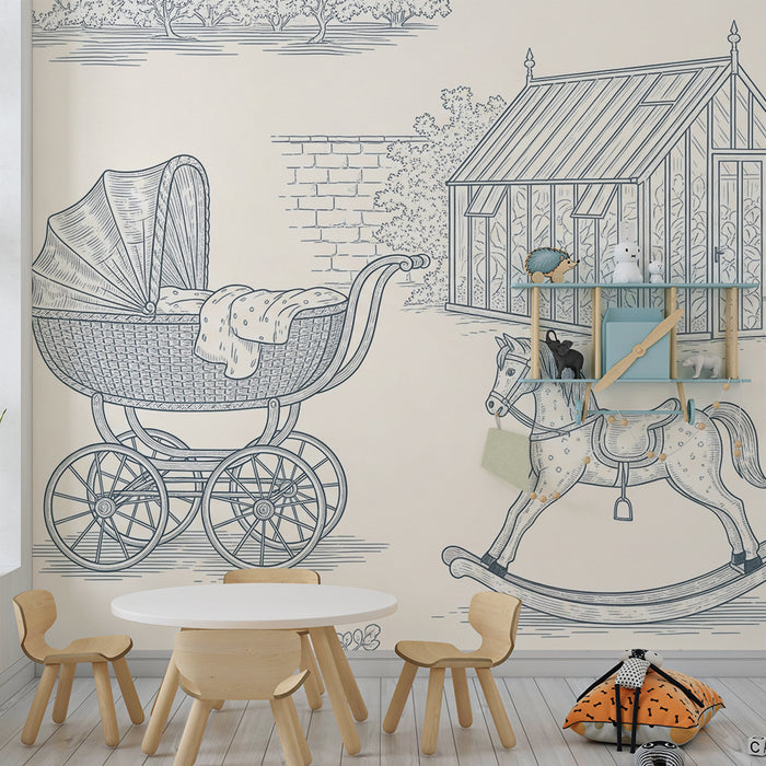 Papel de parede para quarto de bebé | Cena nostálgica com carrinho, cavalo de baloiço e estufa