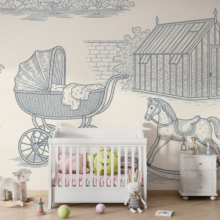 Papel de parede para quarto de bebé | Cena nostálgica com carrinho, cavalo de baloiço e estufa