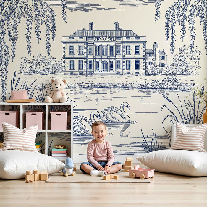 Papier peint chambre bébé | Scène paisible avec cygnes et maison au bord de l'eau