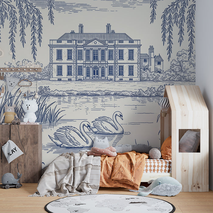 Papier peint chambre bébé | Scène paisible avec cygnes et maison au bord de l'eau