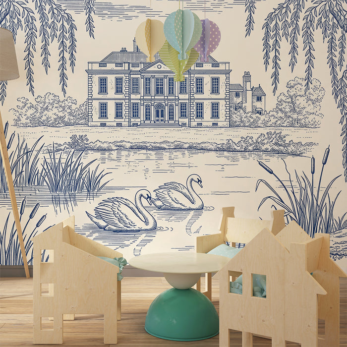 Papier peint chambre bébé | Scène paisible avec cygnes et maison au bord de l'eau